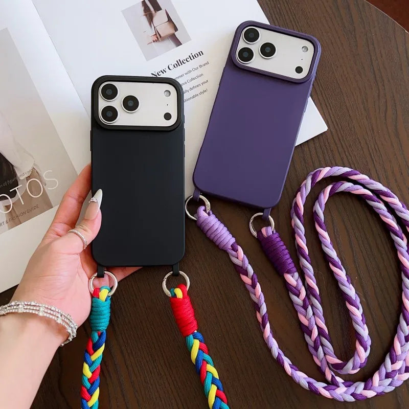 Fashion Lanyard Case For iPhone 17 Pro Max 18 14 12 11 13 15 16 Plus Air Shockproof Candy Crossbody Neck Cord Braid Strap Cover
