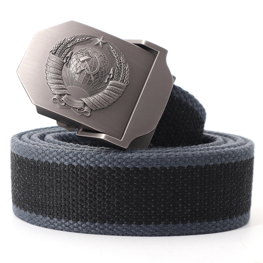 Mens Canvas Outdoor Tactical Army Belt 3D Soviet National Emblem Metal Buckle Unisex Jeans Belt for Men Military Training Belts
