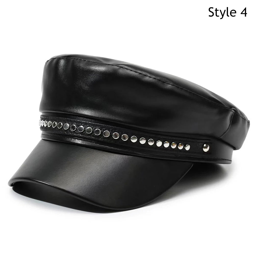 New PU Leather Beret Hat Autumn And Winter Versatile Beret Retro Flat Top Visor Adjustable Black Painter Hat Octagonal Cap