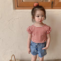Summer New Korean Style Baby Girls Striped T-shirts Bowknot Backless Puff Sleeve Tops Toddlers Kids Tees