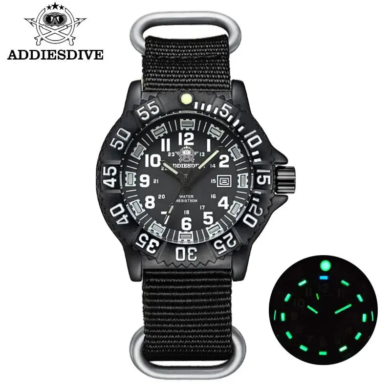ADDIESDIVE Fashion Men's Analog Watch 50m Waterproof Luminous Tube Nylon Sports Men Military Wristwatches Quartz Watch for Men