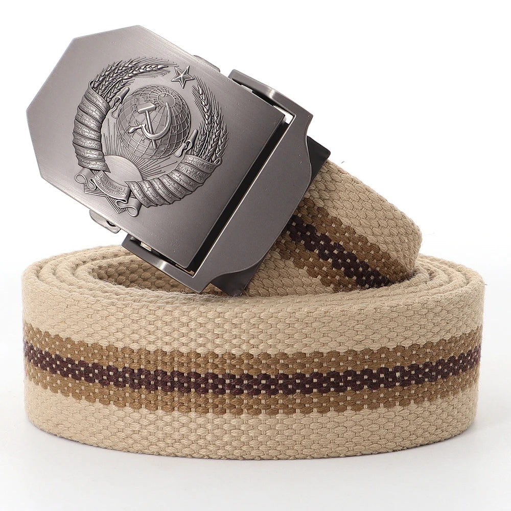 Mens Canvas Outdoor Tactical Army Belt 3D Soviet National Emblem Metal Buckle Unisex Jeans Belt for Men Military Training Belts
