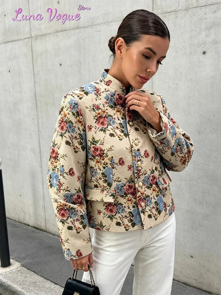 Women Vintage Floral Long Sleeve 2 Piece Set Elegant Stand Neck Cropped Jacket High Waist  Mini Skirt 2026 Daily Commute Outfit