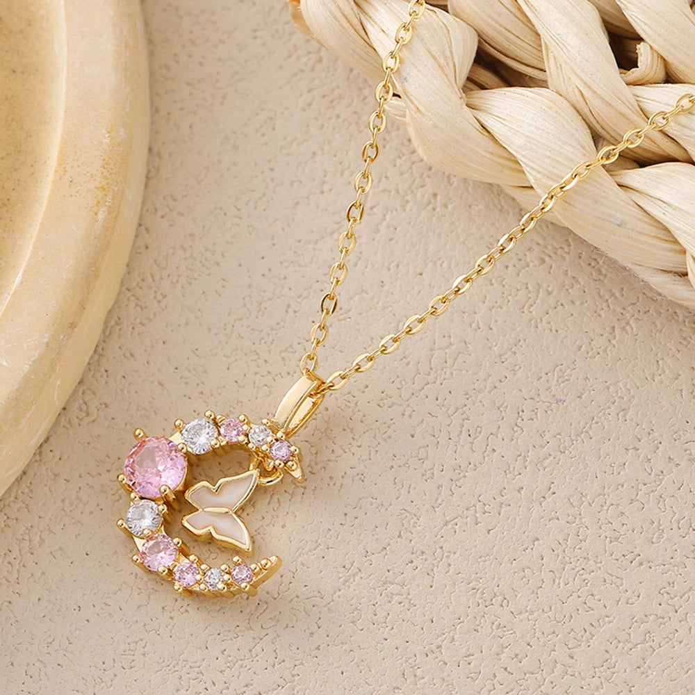 Fashion Butterfly Moon Necklace Women's Stainless Steel Collar Chain High end Elegant 2025 New Korean Jewelry Gift