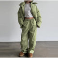 Women Winter Two‑Piece  Leopard Print Hooded Puffer Jacket Outfit Loose Cuffed Jogger Pants Warm Casual Streetwear Matching Set