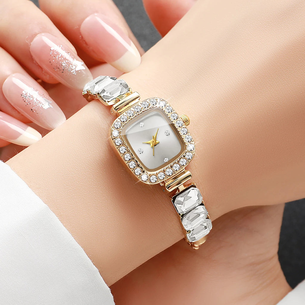 Fashion Square Diamond Dial Women Quartz Wristwatch Ladies Rhinestone Bracelet Strap Watch Reloj Mujer (Without Box)