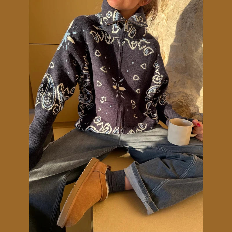 Street Printed Women's Cardigan Knitted Full Sleeve Zippers Stand Collar Pocket Lady Coats 2026 Autumn Chic Female Streetwear
