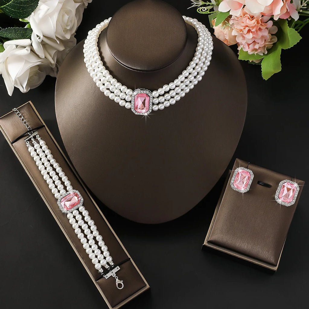 Light luxury candy colored pearl jewelry set with elegant double-layer design for wedding/Valentine's Day gift jewelry