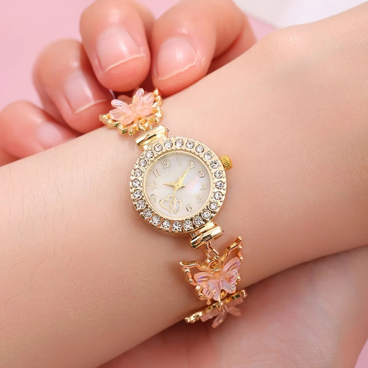 4PCS Elegant Rhinestone Women Watch Butterfly Jewelry Set Fashion Ladies Quartz Wristwatches Necklace Earrings Gift（Without Box）