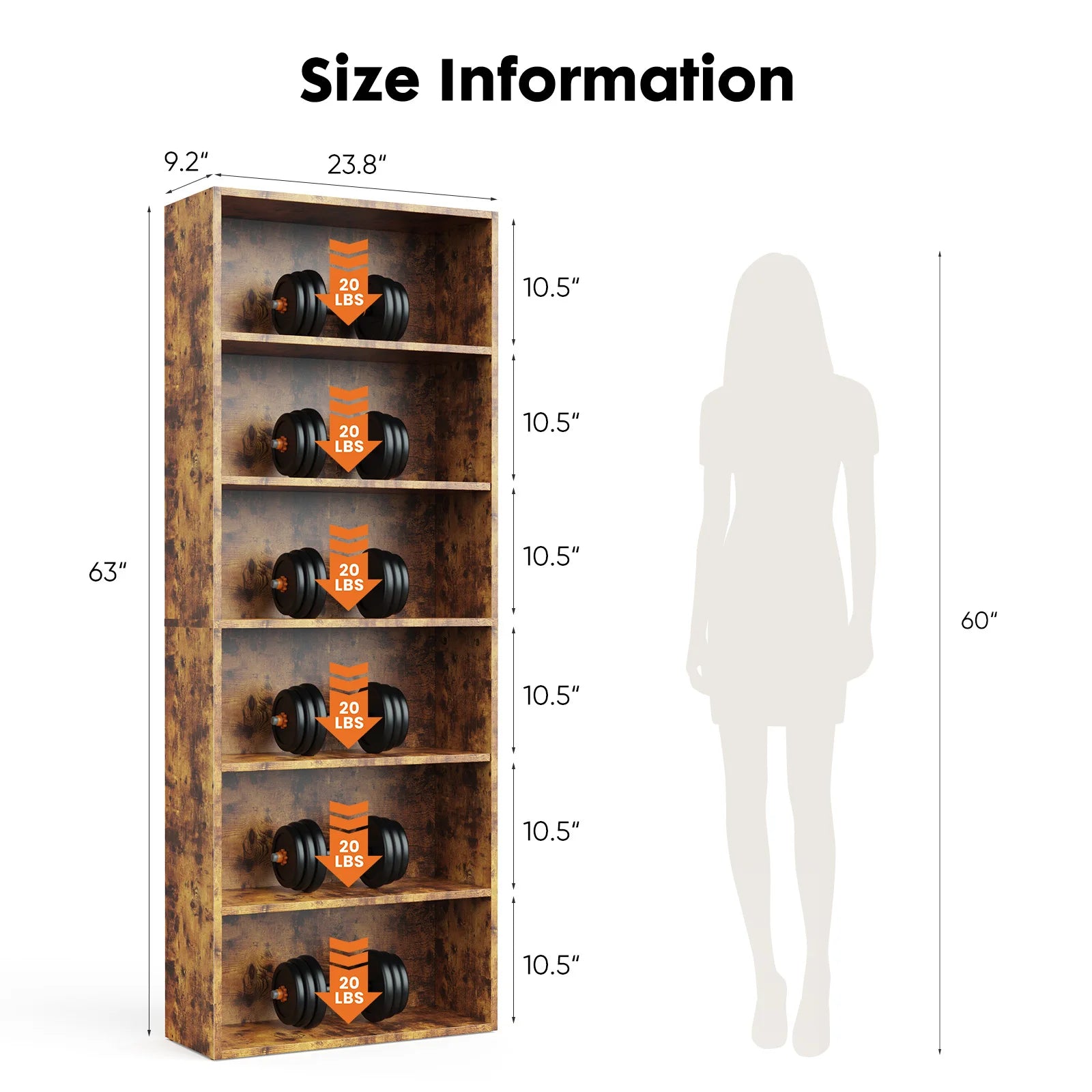 JHK 6 Tier Wooden Shelf Bookcase 63 Inch Tall Floor Standing Open Bookshelf for Living Room and Home Office Personalized Storage