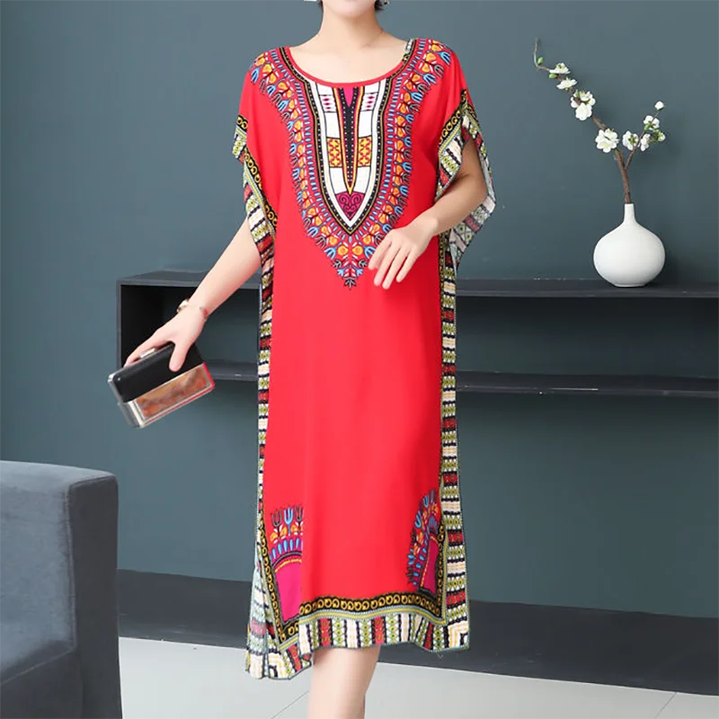 2025 Summer New Casual Elegant Retro Bohemian Style V-neck Elastic Waist Large Swing Printed Long Skirt Autumn Summer Dress