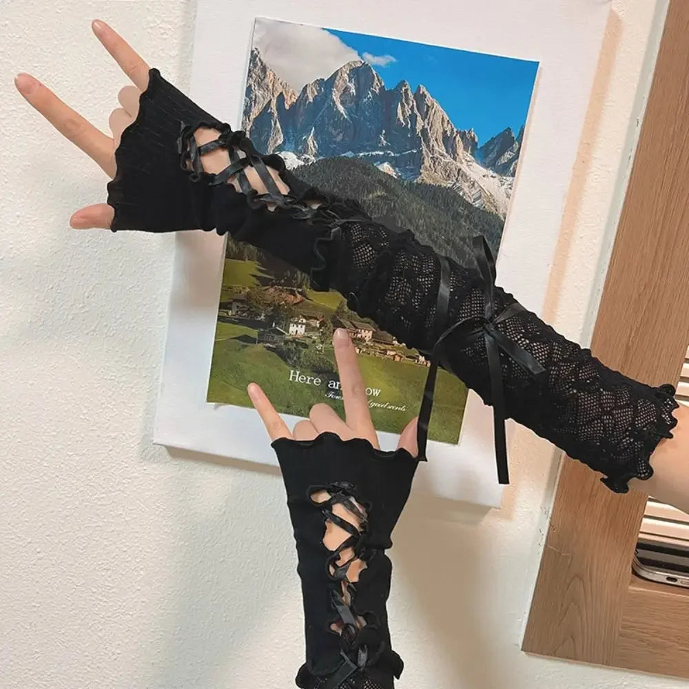 Graceful Lace Bowknot Womens Sleeve Sun Protection Hollow Out Lace Fingerless Gloves Y2K Bridal Wrist Gloves
