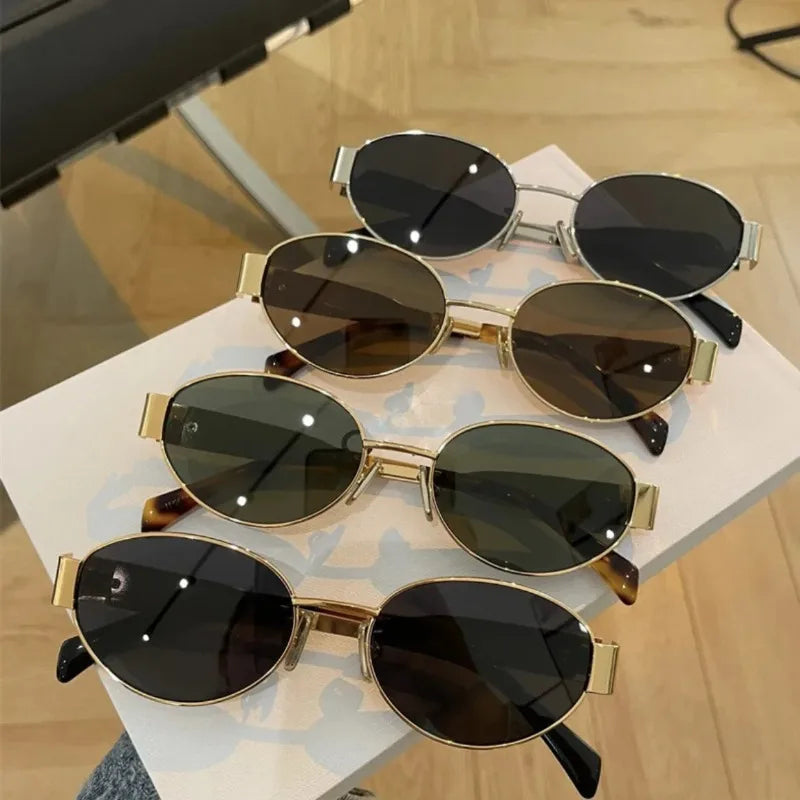 Retro Oval Brown Sunglasses Metal Frame High-end Feel UV400 Sun Visors for Women Men Street Photography
