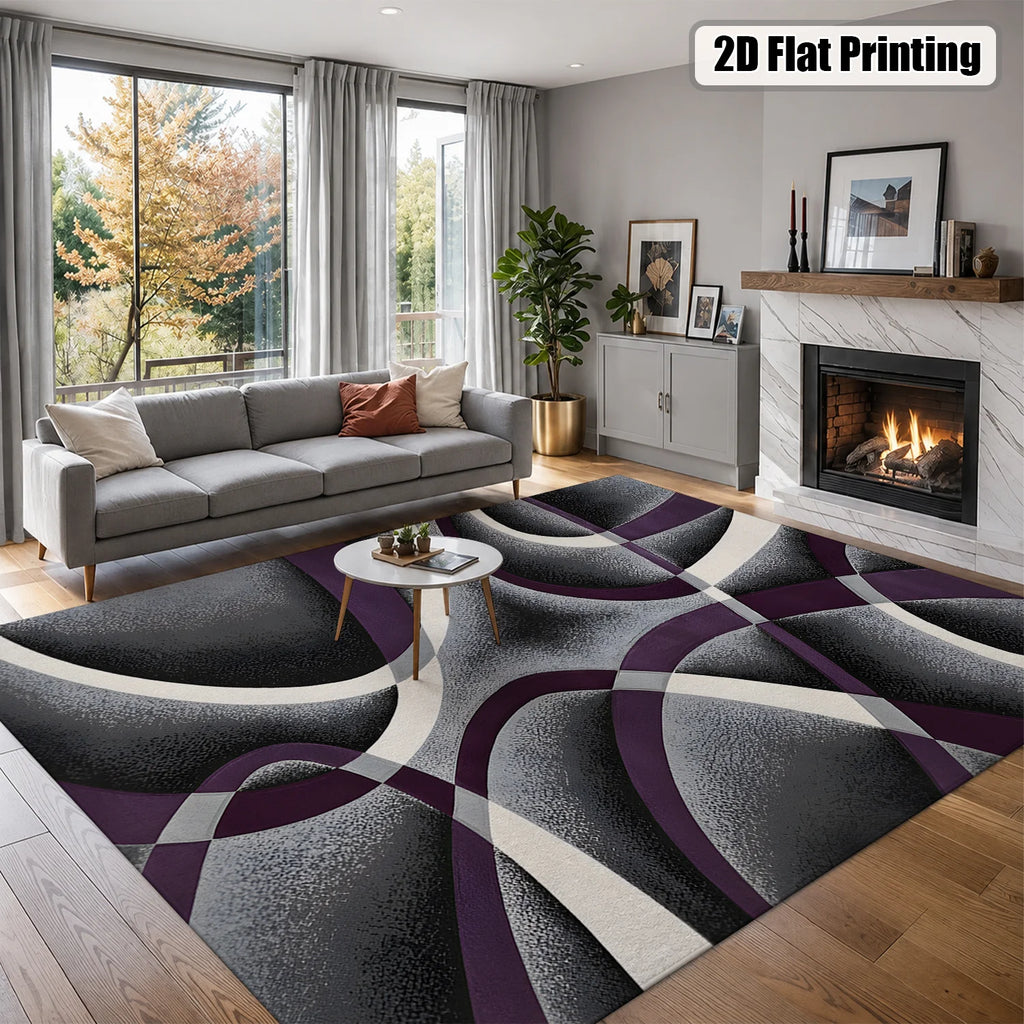 Large Indoor Area Rug, Soft Velvet Low Pile Non-Slip Dotted Backing Machine Washable, Modern Abstract Purple Gray White Swirl Design for Living Room Bedroom