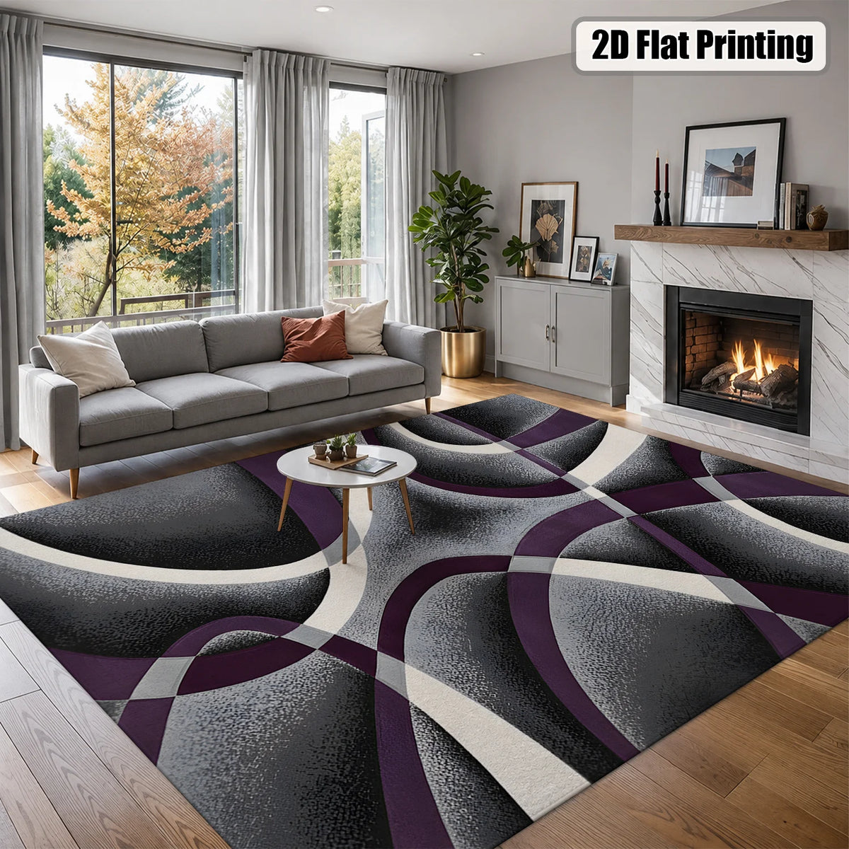 Large Indoor Area Rug, Soft Velvet Low Pile Non-Slip Dotted Backing Machine Washable, Modern Abstract Purple Gray White Swirl Design for Living Room Bedroom