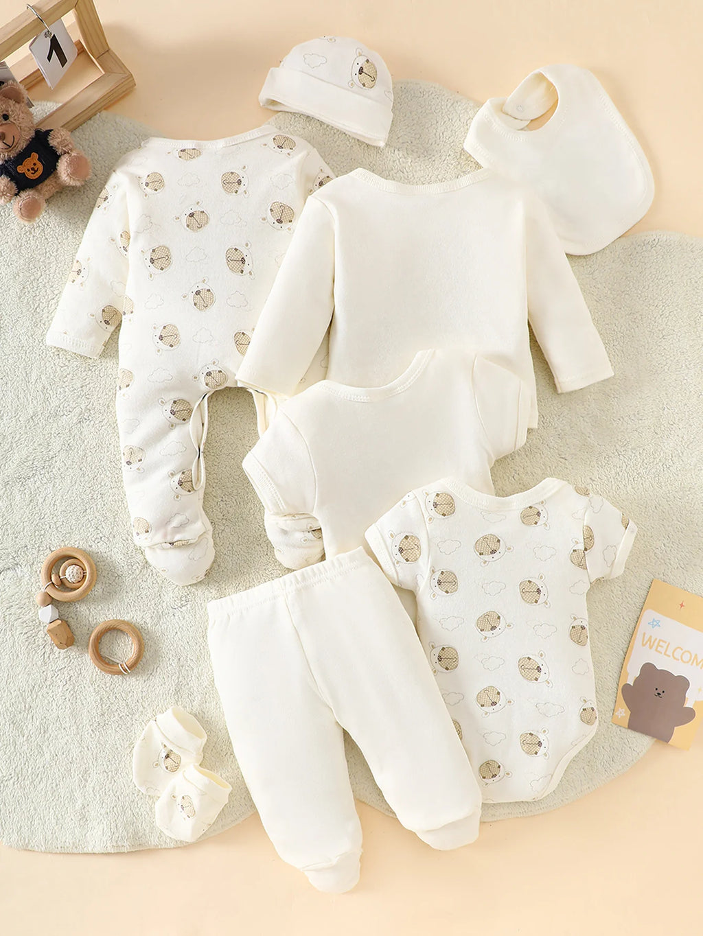 8-Piece Newborn Romper Set • 100% Cotton • Soft & Breathable Beige with Cute Bear Pattern, Perfect for Sleeping & Crawling