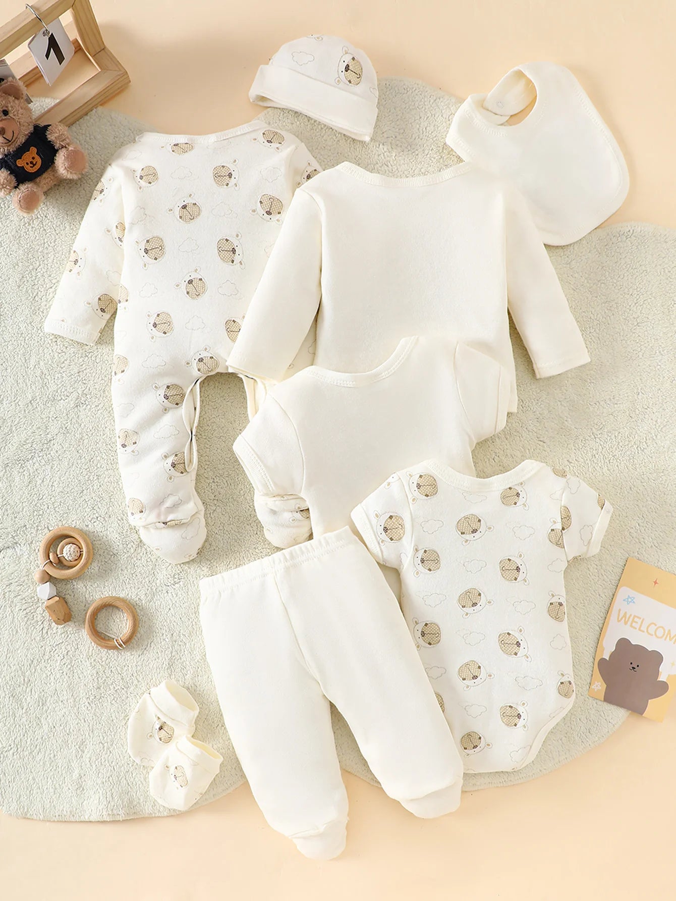 8-Piece Newborn Romper Set • 100% Cotton • Soft & Breathable Beige with Cute Bear Pattern, Perfect for Sleeping & Crawling