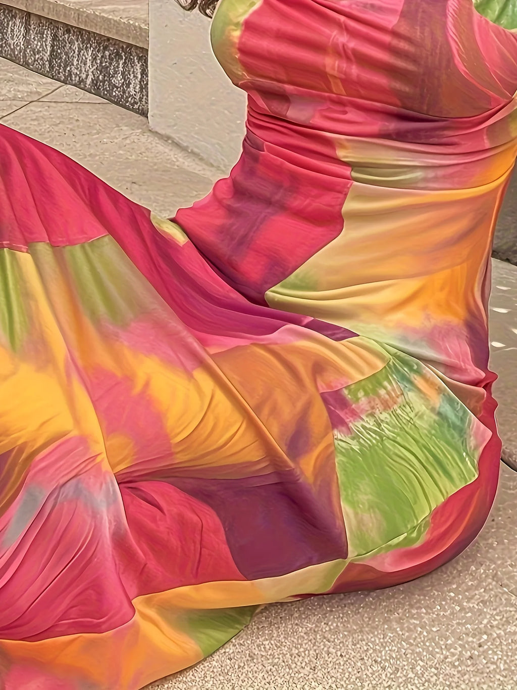 Leisure Beach Vacation, Tight and Sexy Strapless Suspender, Gradient Flower Print, Loose Hip Hugging Skirt, Long Skirt