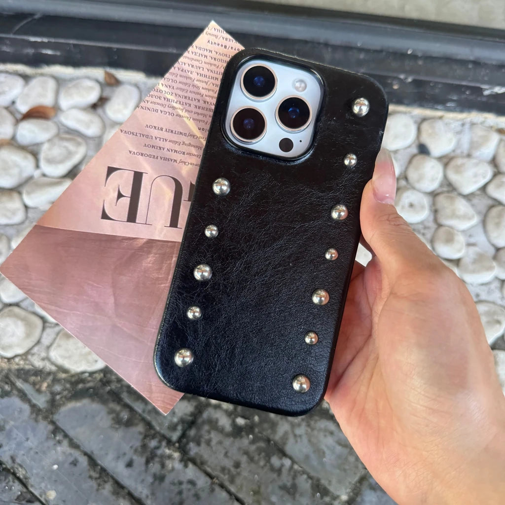 Advanced Black Leather Stereoscopic Metal Rivets Round Bead Shock Proof Phone Cover Case for iPhone 17 16 15 14 Pro Max 17Air