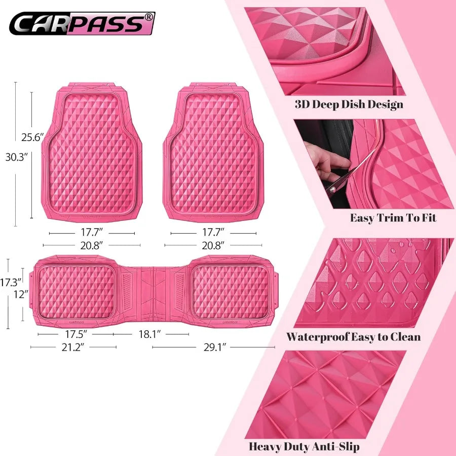 Heavy Duty Rubber Pink Car Floor Mats Deep Dish AllWeather Full Set Durable AntiSlip 3D Rhombus Waterproof Trim to Fit Liner Un