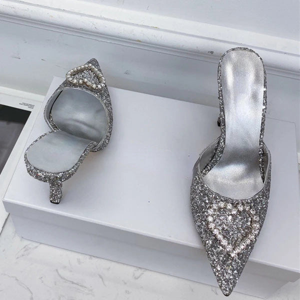 2023 New Shallow Mouth High-heeled Women's Shoes Love Rhinestone Shining Thin Heel Slippers Pointed Women's Single Shoes