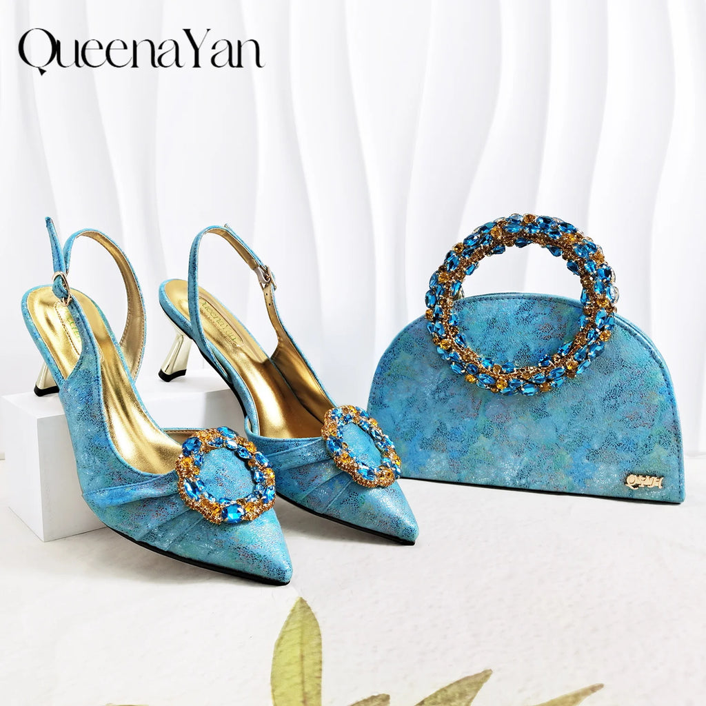 Shimmery Glitter Slingback Women High Heels Sky Blue Shoes and Matching Bag Set Rhinestone Wedding Party Banquet Events