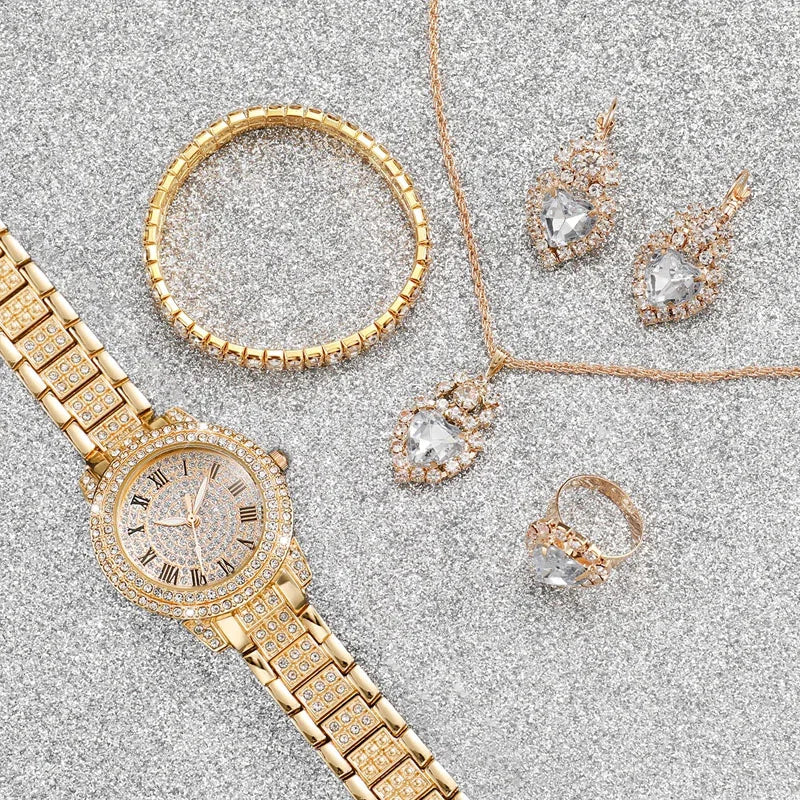 6PCS/Set Fashion Full Diamond Women's Watch Gold Steel Band Quartz Watches Diamond Jewelry Set