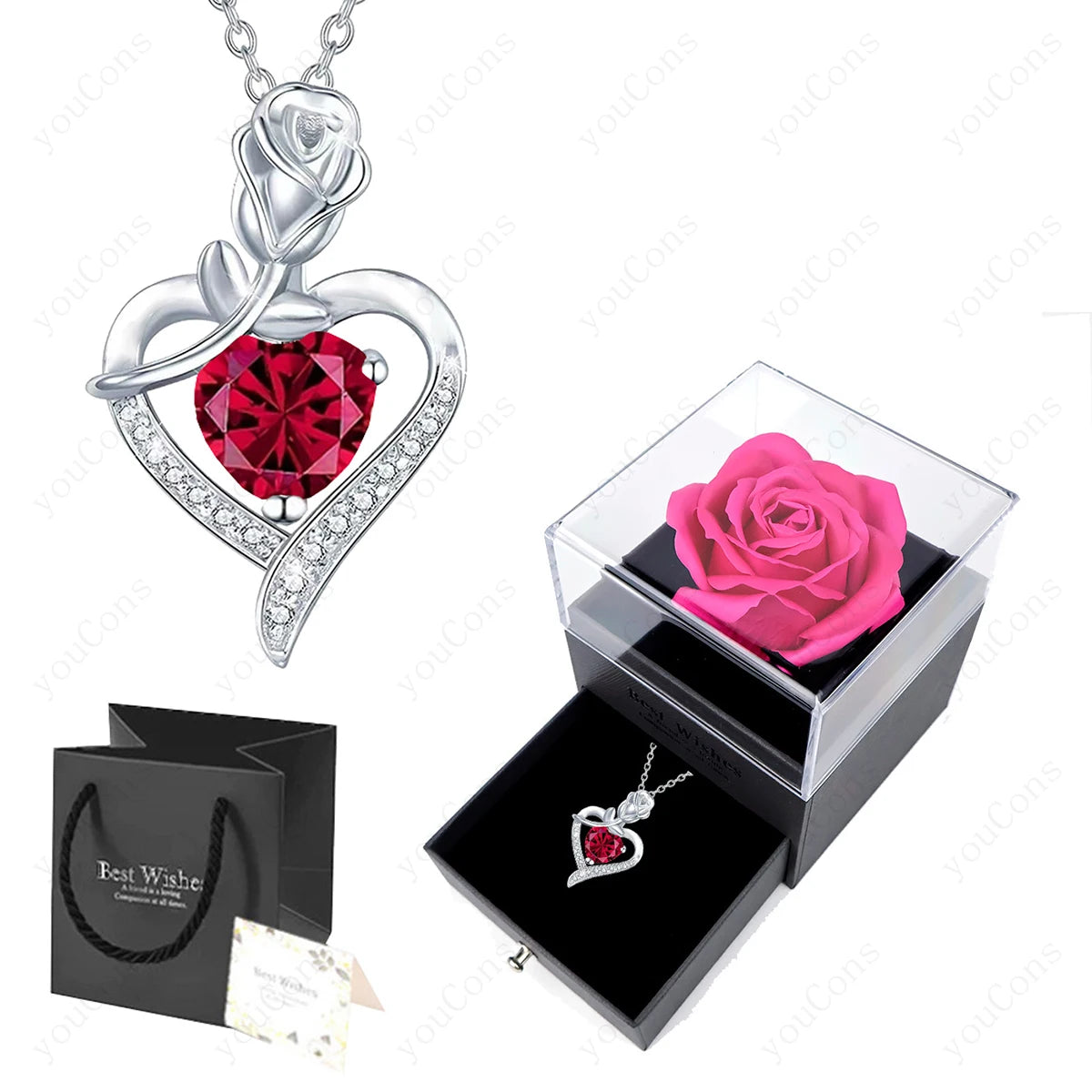Luxury Red Zircon Heart Necklace With Rose Flower Gift Box For Girlfriend Birthday Valentine Gift  Romantic Accessories