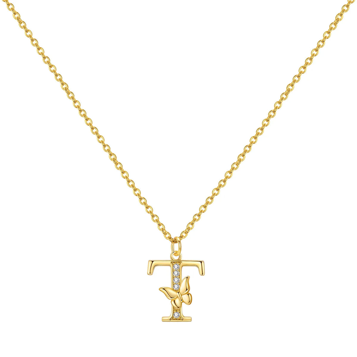 Original 925 Sterling Silver 18K Gold Zircon Butterfly A-Z 26 Letter Y-shaped Chain Necklace For Women Commemorate Jewelry Gift