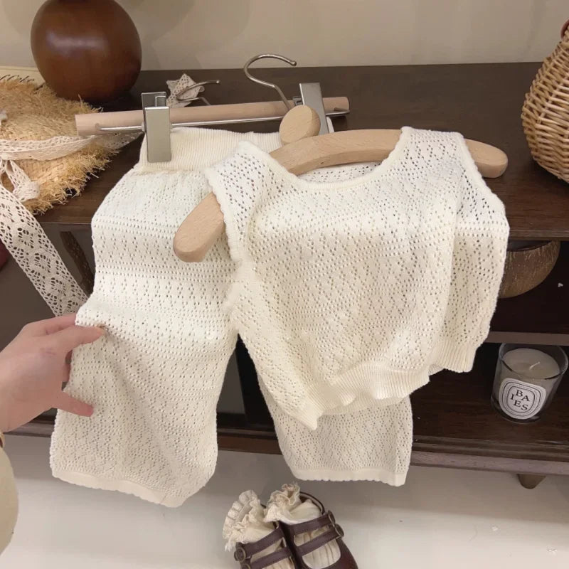 Girls Summer Clothing Set New Kids Knitted Hollow Lace Suit Girl Fashion Breathable Vest + Wide Leg Pants Outfits Children Sets
