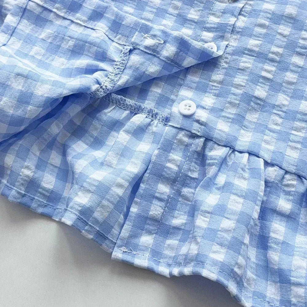 Blue and White Grid Fresh Casual Girls' Clothing Lace Sleeveless Single Breasted Vest+wide Leg Pants Two-piece Set for Summer