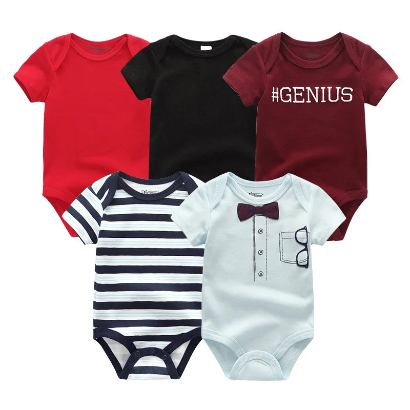 Newborn Bodysuits Unisex 5Pieces Baby Girl Clothes Solid Color Cotton Baby Boy Clothes Set Cartoon Print Summer Bebes