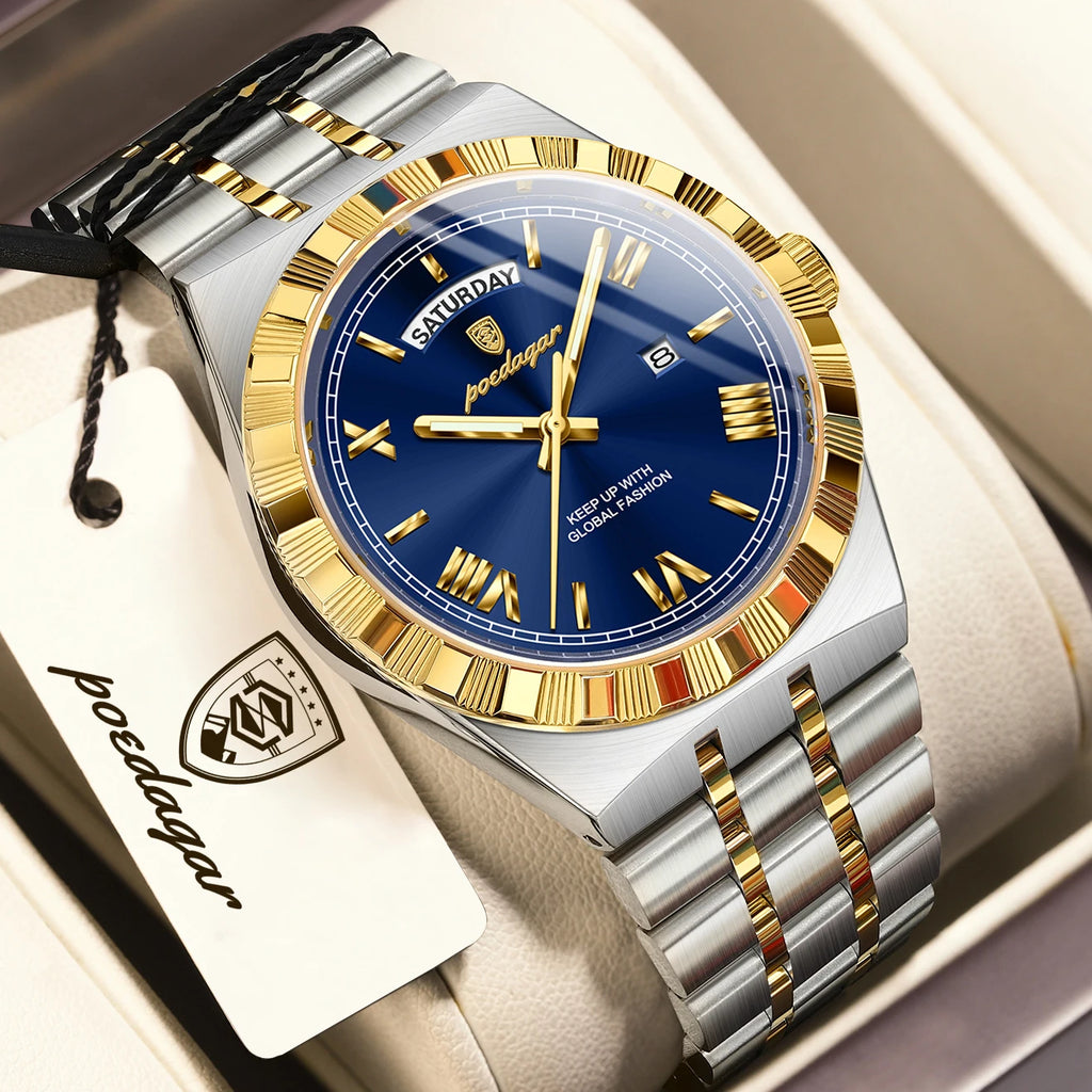 POEDAGAR Fashion Business Men's Watch Luminous Waterproof Week Date Luxury Man Wristwatch Stainless Steel Quartz Watches For Men