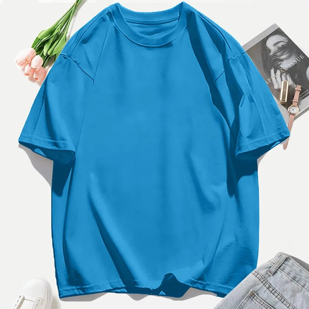 Y2K Woman 100% Cotton T Shirts Solid Color Casual T-Shirt O-Neck Summer Tops For Women Fashion Oversized Female Sportswear