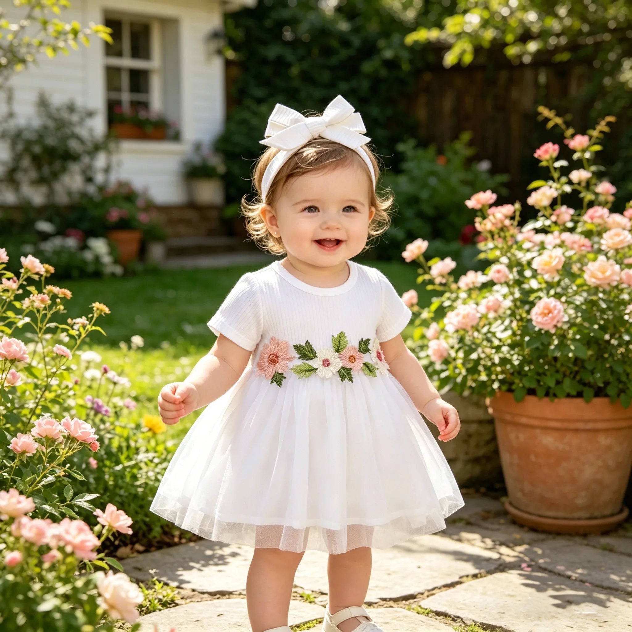 Baby Girl Dress Ribbed Embroidered Flower Short Sleeve Chiffon Dress+Headband 2Pcs/Set  for Baby Girls 0-3 Years Cute Baby Girl