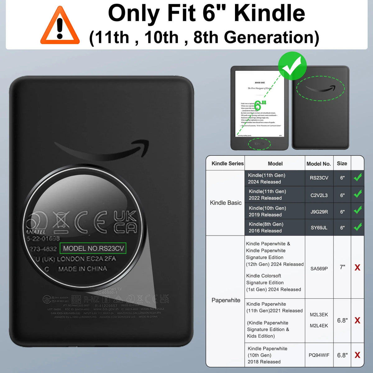 Case for 6" Kindle(11th Generation, 2024/2022 Release)/(10th Gen,2019)/Kindle(8th Gen, 2016), Ultra Lightweight PU Shell Cover