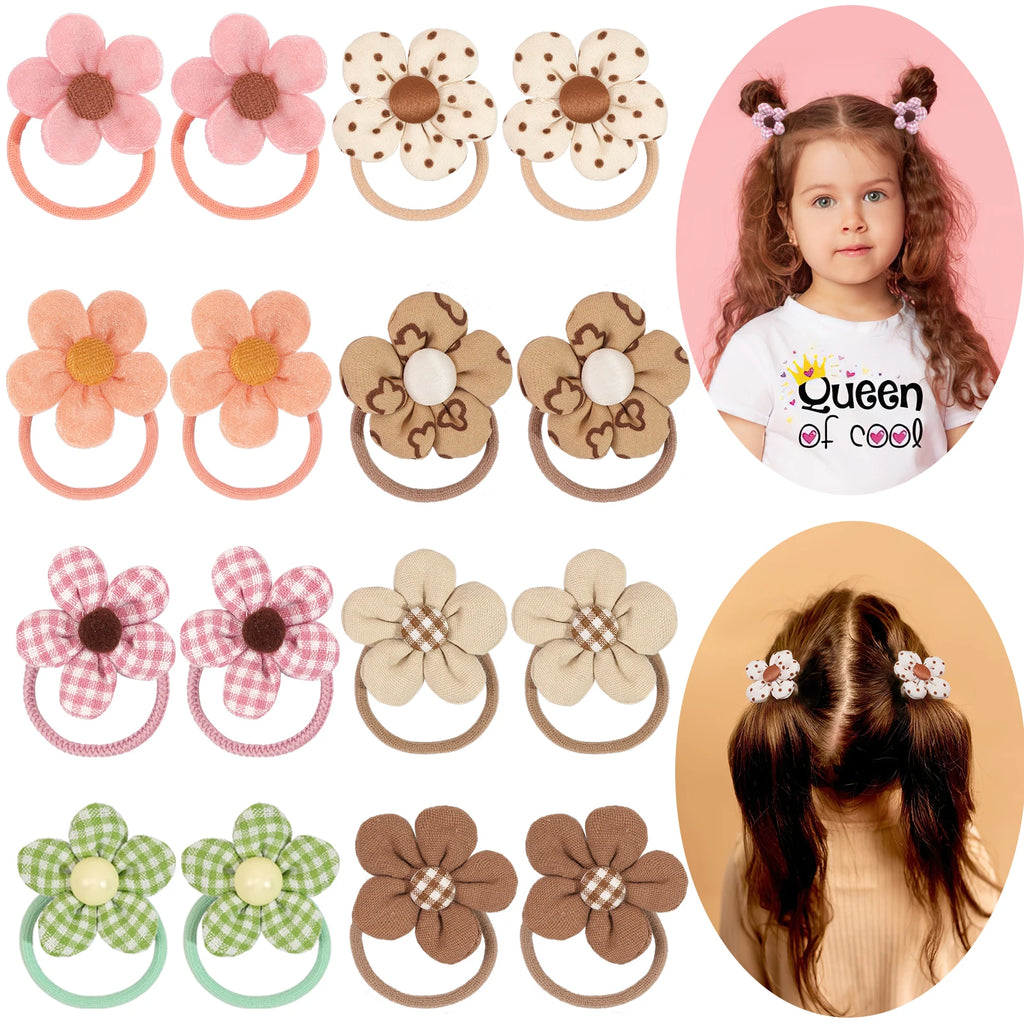8/10Pcs Boutique Childrens Hair Ties with Flowers, Hair Bow Ties for Girls, Elastics Ponytail Holders Pigtails Rubber Band