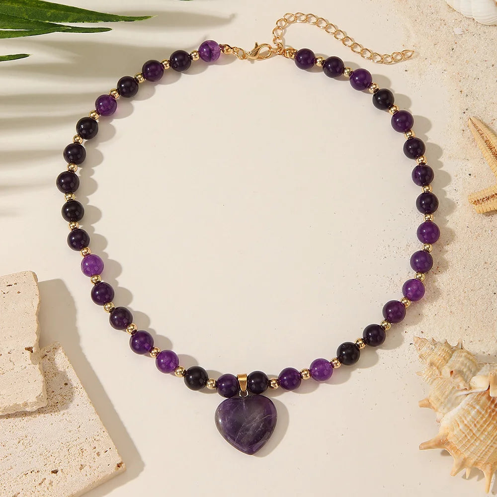 Fashion Ins Heart Stone Pendant Necklace for Women Bohemian CCB Beaded Necklace Jewelry Party Girlfriend Gifts