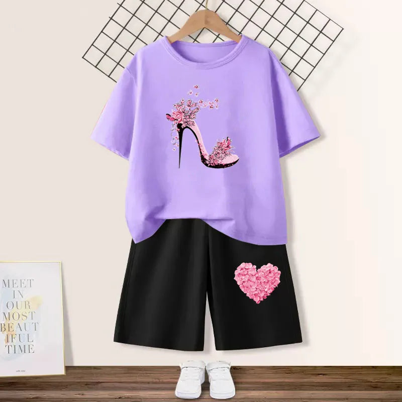 2024 Summer Girls Cotton Clothing Sets Kids Cute Cartoon Butterfly High Heel T-shirt +Shorts 2Pce Suits Childrens Tracksuits