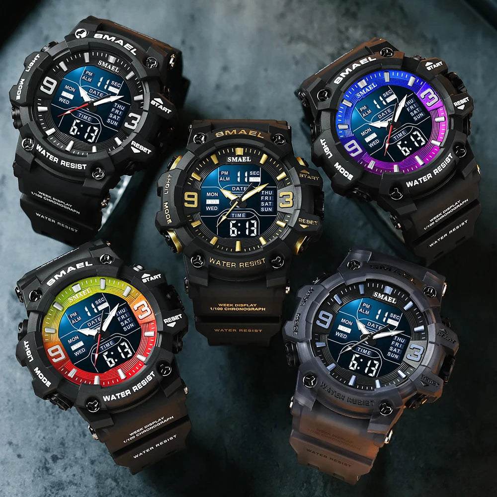 SMAEL 8049 Watch Sport LED Light Alarm Clock Dual Time Display WaterproofWeek Auto Date Wristwatches Quartz