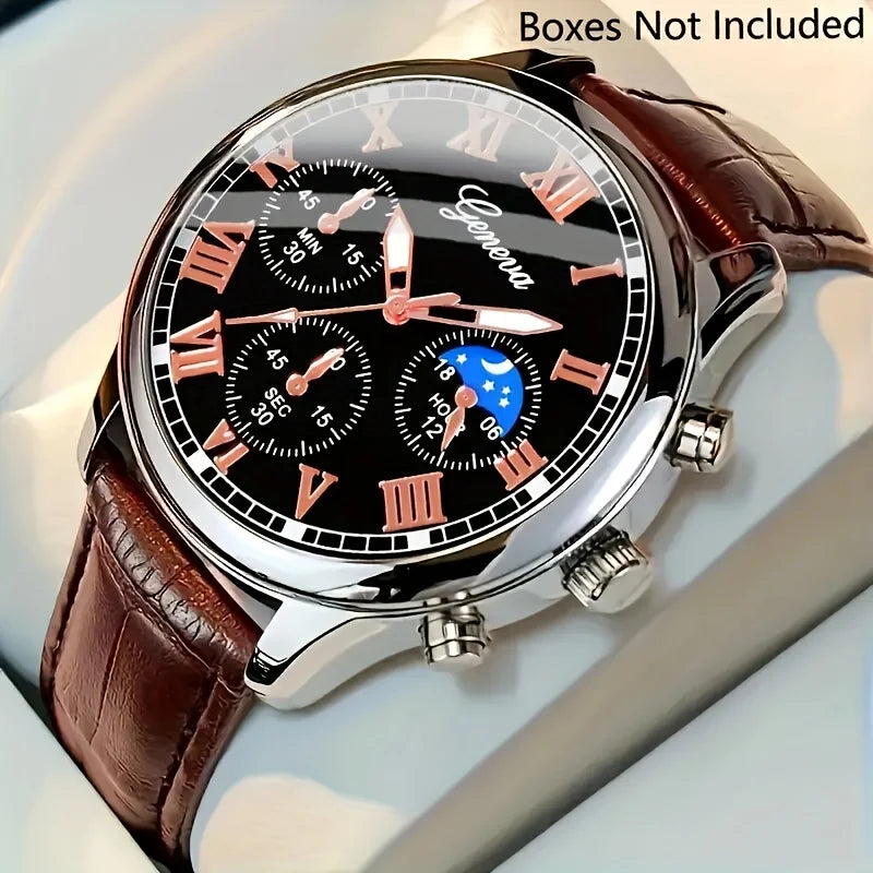 Casual men's quartz watch, fashionable business PU leather watch bracelet combination, suitable for daily use or gift gifts