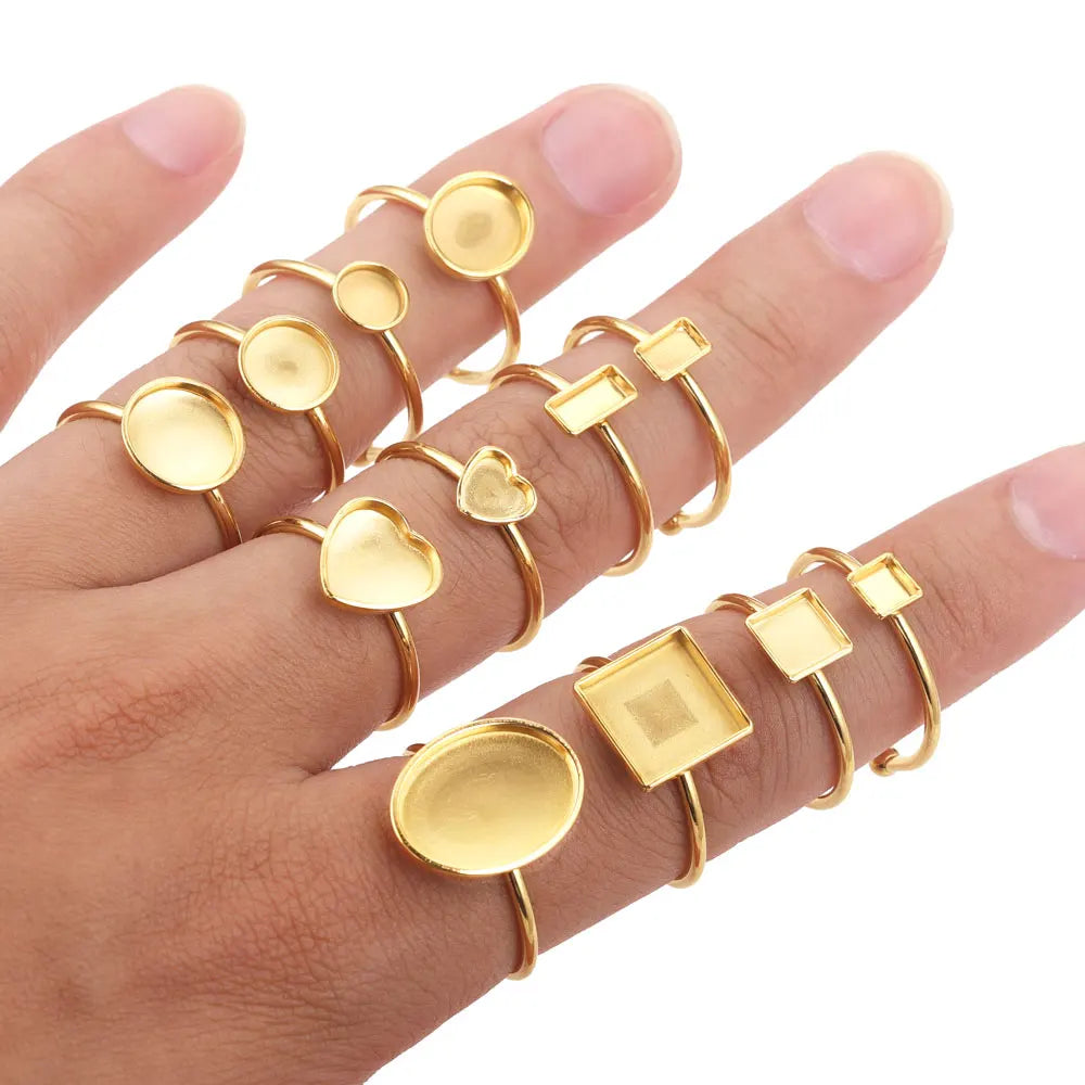 10pcs Adjustable Stainless Steel Open Ring Settings Blank Base Bezel Cabochons Rings For Jewelry Making DIY Finger Ring Blank