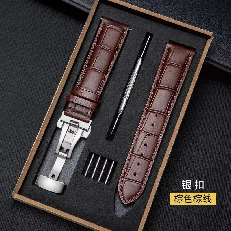 18mm 20mm 22mm Watch Band with Wooden Box Butterfly Clasp Watchband Replacement Genuine Leather Strap Bracelet Watch Accessories