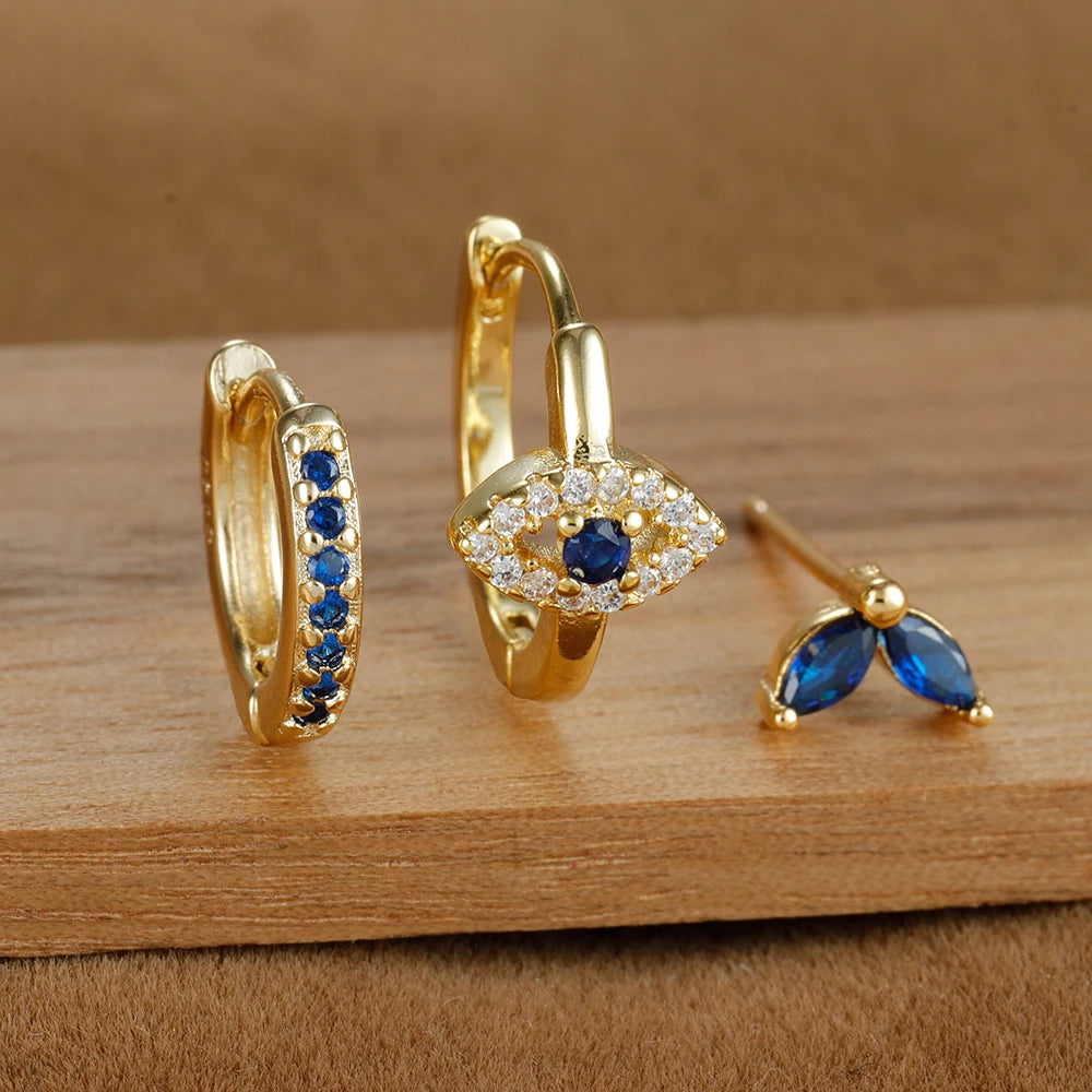 3pcs Stainless Steel Blue Zircon Evil Eye Hoop Earrings Set For Women 18K Gold Plated Cartilage Piercing Earring Fashion Jewelry
