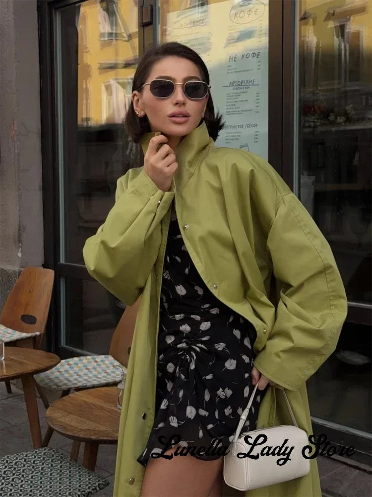 Women Oversized Long Windbreaker Outerwear Lime Green Stand Collar Loose Pocket Trench Coat 2026 Y2k Autumn Chic Female Clothing