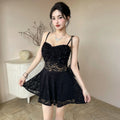 Sexy 3D Flower Lace Backless Vest Dress High Waist Slimming Embroidery Short Skirt Style Casual A-Line Silhouette V-Neck Dress