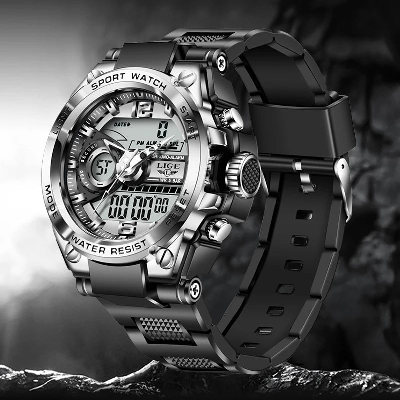 LIGE Men Sport Watch 50M Waterproof Dual Display Analog Digital Watch LED Backlight Chronograph Quartz Wristwatch Gift Box Set