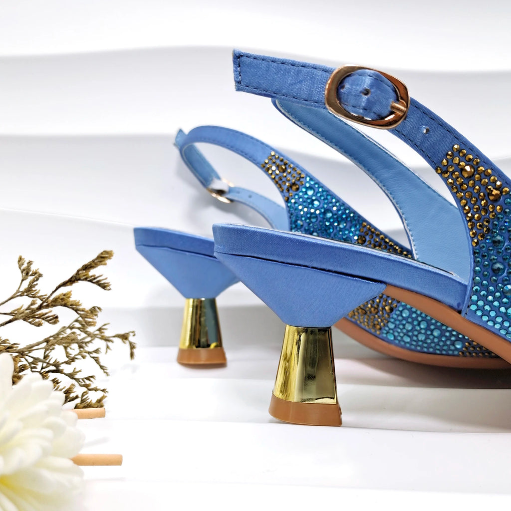New Italian Design Stylish And Elegant Sky Blue Rhinestone Embellished Satin Pointy Toe Pumps And Clutch Bag