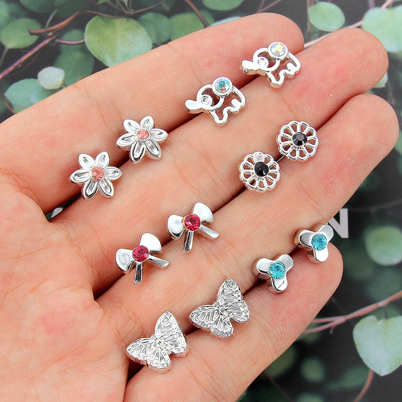 18 Pairs Colorful Rhinestone Hollow Flower Animal Mix Style Plastic Stud Earrings Set For Women Girls