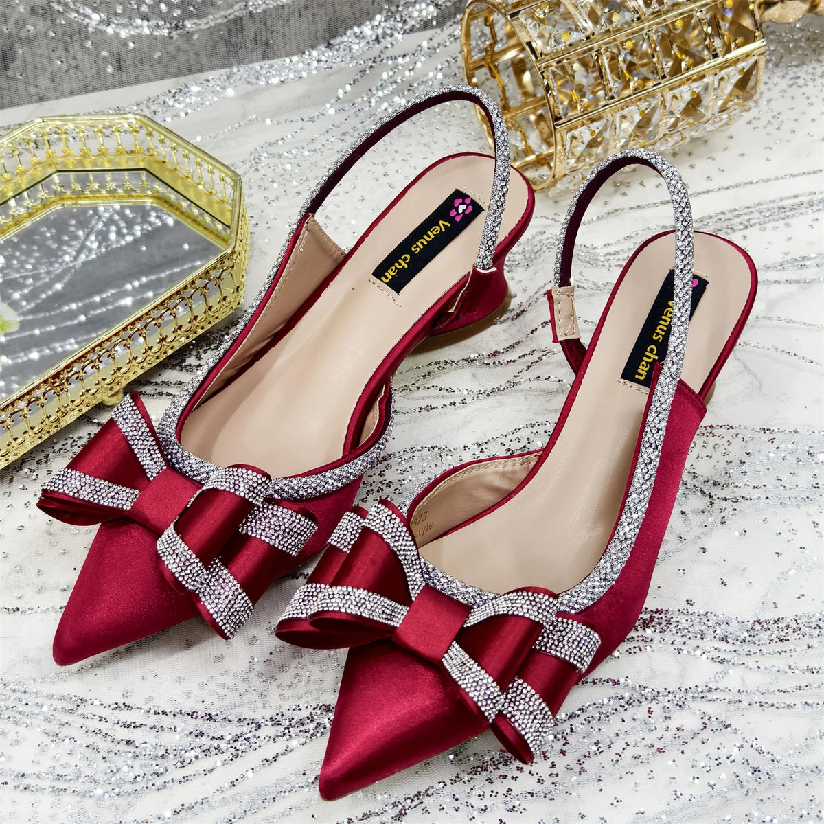 Venus Chan Italy Design 2025 New INS Shoes and Bag to Match Wine Colour Pointed-Toe Rhinestone Bow Party Women's High Heels
